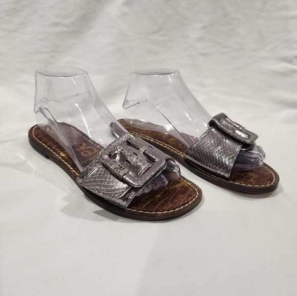 Sam Edelman Granada Snake Skin Embossed Metallic Silver Sandals With Big Buckle - Picture 3 of 8